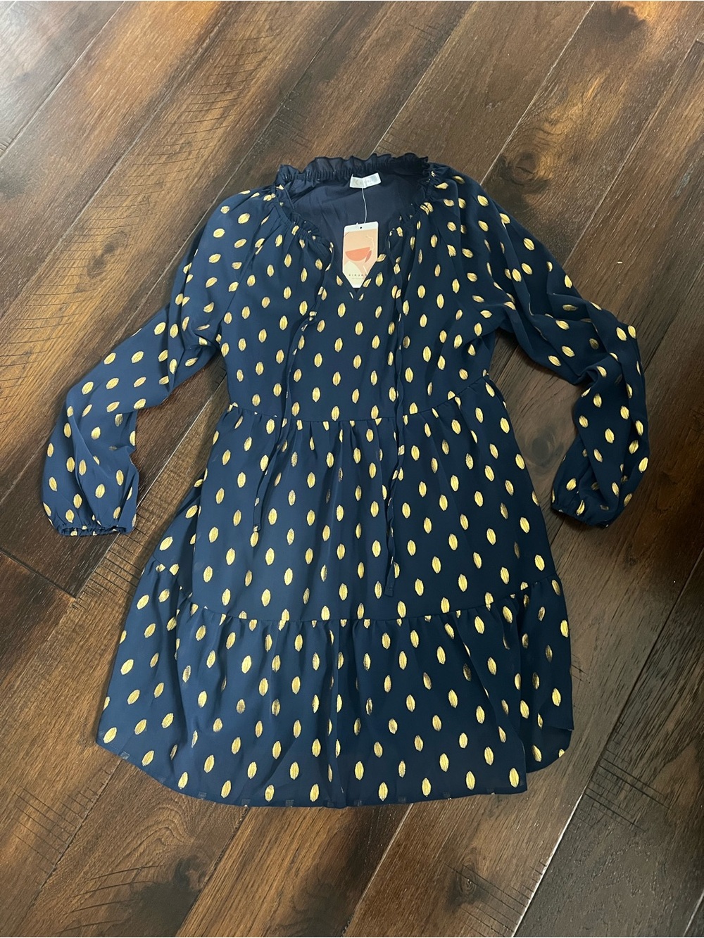 Long sleeve vneck ruffle polka dot mini dress